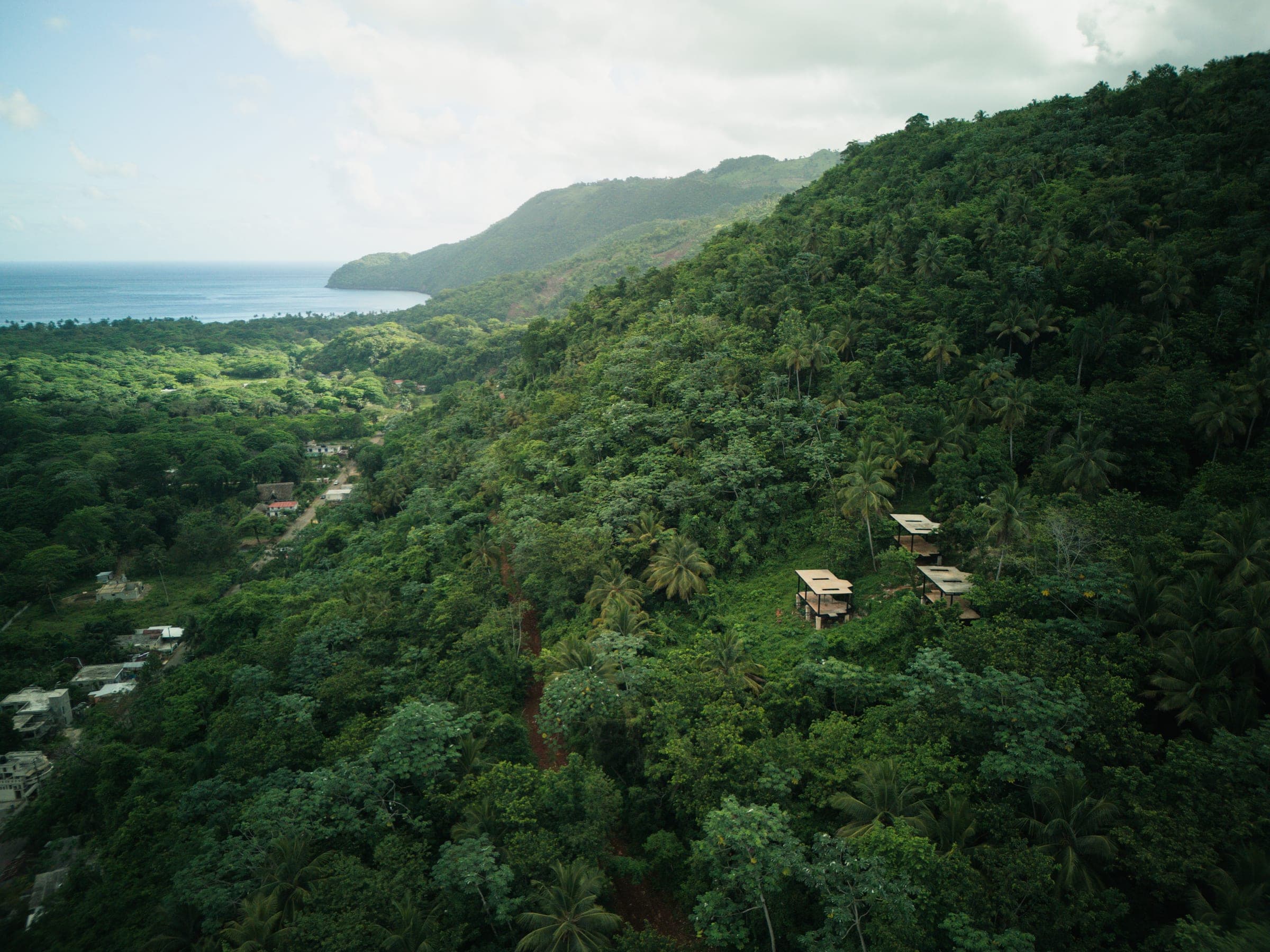 Aerial view of El Valle valley, jungle, and ocean